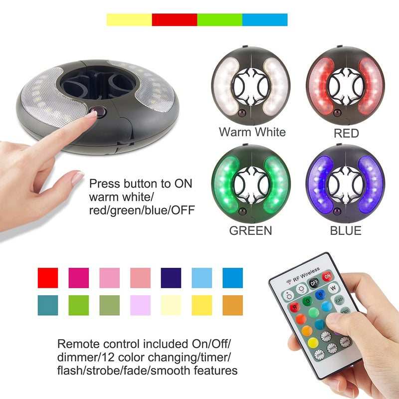 HONWELL Patio Umbrella Light, 18 LEDs 3xAA Battery Operated Umbrella Pole Light with RF Remote 80Ft Through Wall, 4 Modes, 12 Color Changing Outdoor Camping Light with Hanging Ring for Umbrellas,Tent - Image 2